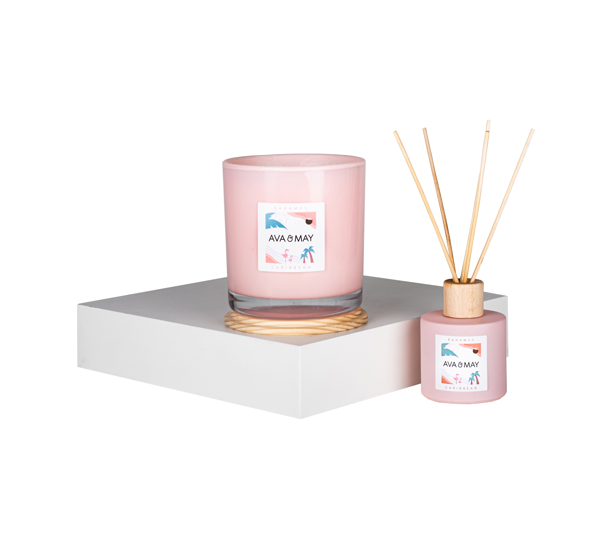 Bahamas Paradies Set bestehend aus Kerze und Duftstäbchen in rosa Glas, von AVA & MAY