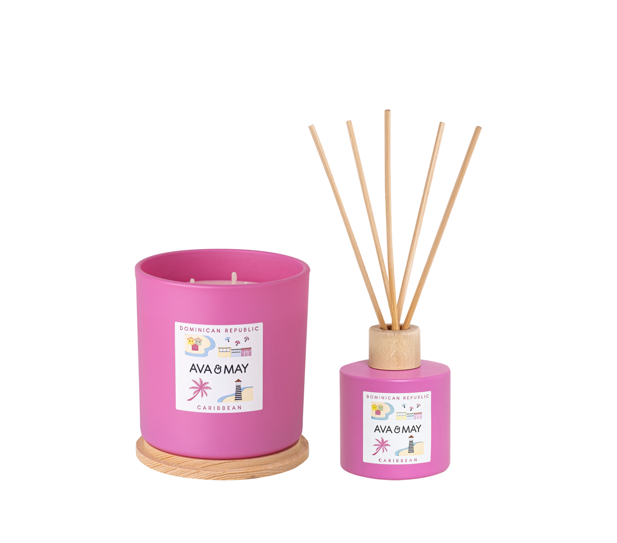 Dominican Republic Home Fragrance Set bestehend aus Duftkerze und Duftstäbchen in pinkem Glas, von AVA & AMAY