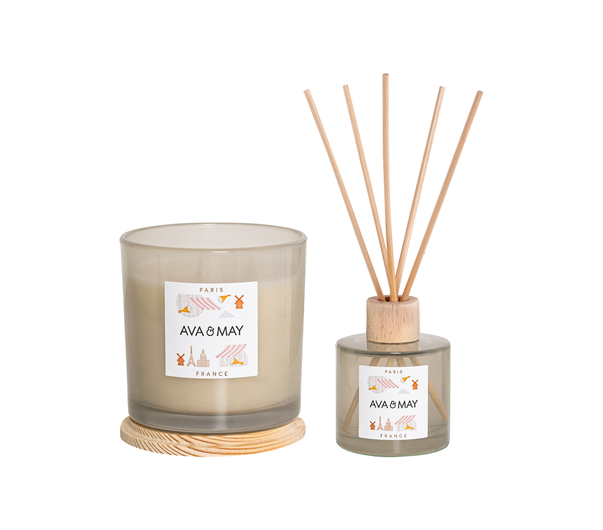 Paris Home Fragrance Set bestehend aus Duftkerze und Duftstäbchen in beigem Glas, von AVA & MAY