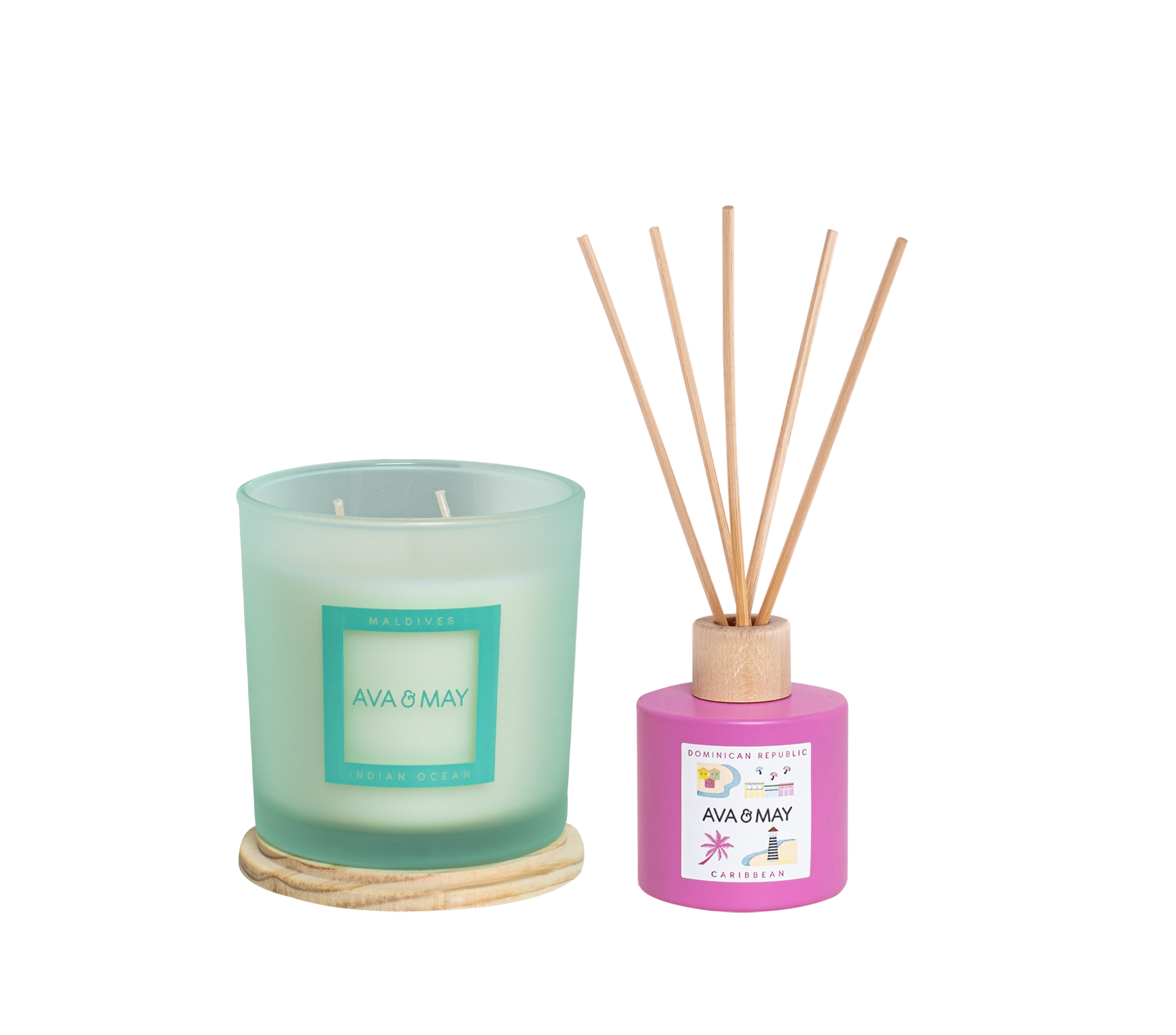 Tropical Bliss Set bestehend aus Duftkerze und Duftstäbchen in grünem und pinkem Glas, von AVA & MAY