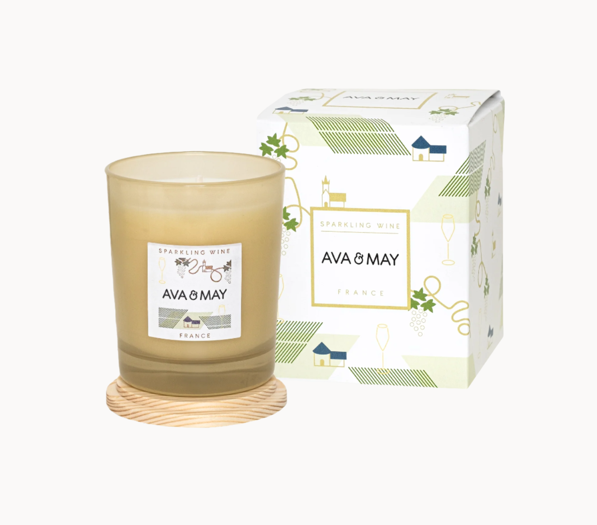 Sparkling Wine Duftkerze mit spritziger Duftnote in champagnerfarbenem Glas, von AVA & MAY