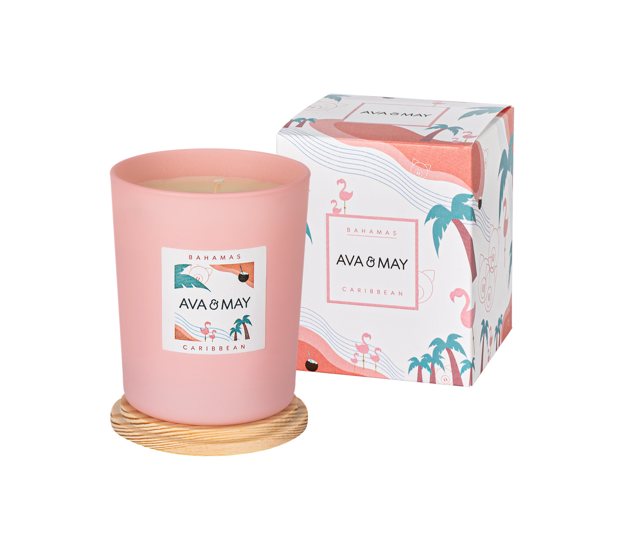 Bahamas Duftkerze mit Kokusnuss Duftnote in rosa Glas, von AVA & MAY