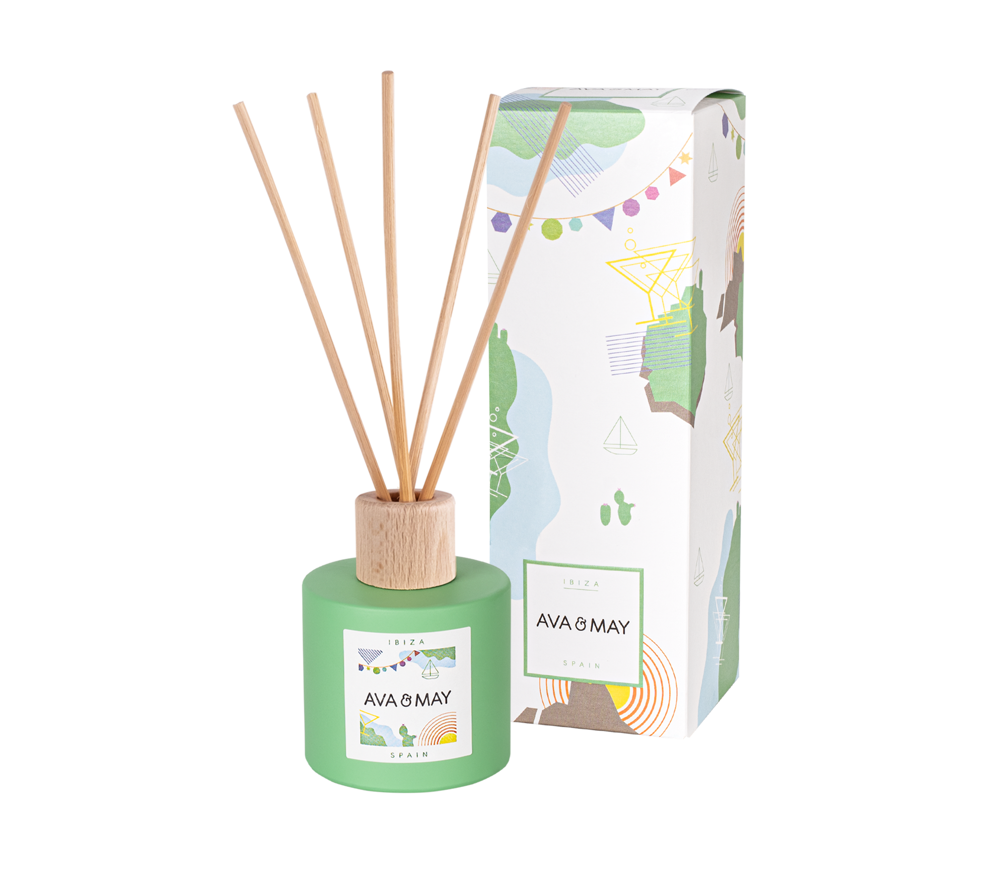 Ibiza Duftstäbchen mit einer sommerlichen Duftnote im grünem Glas, von AVA & MAY