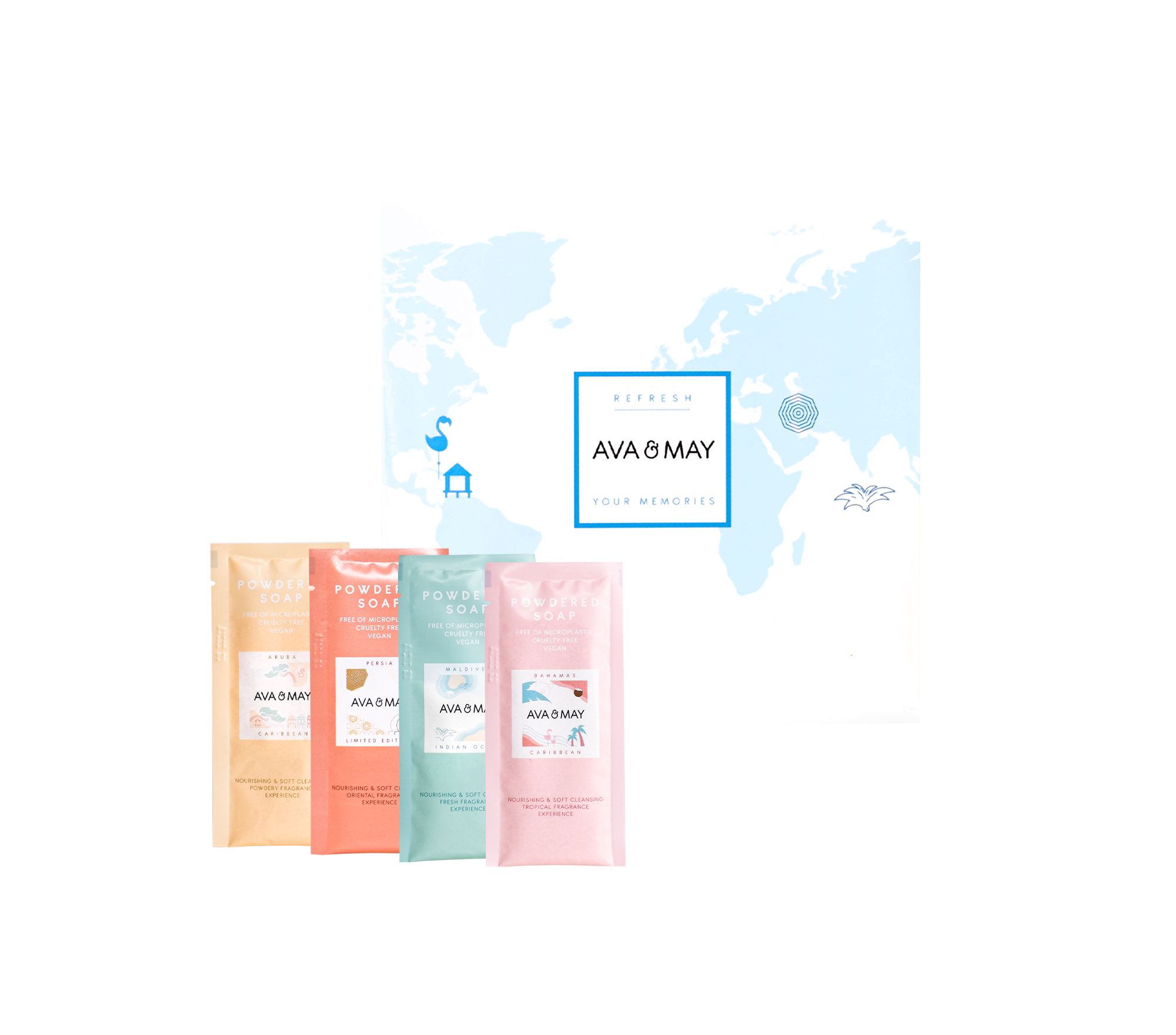 Powdered Soap Discovery Set mit vier unterschiedlichen Seifen-Düften, von AVA & MAY