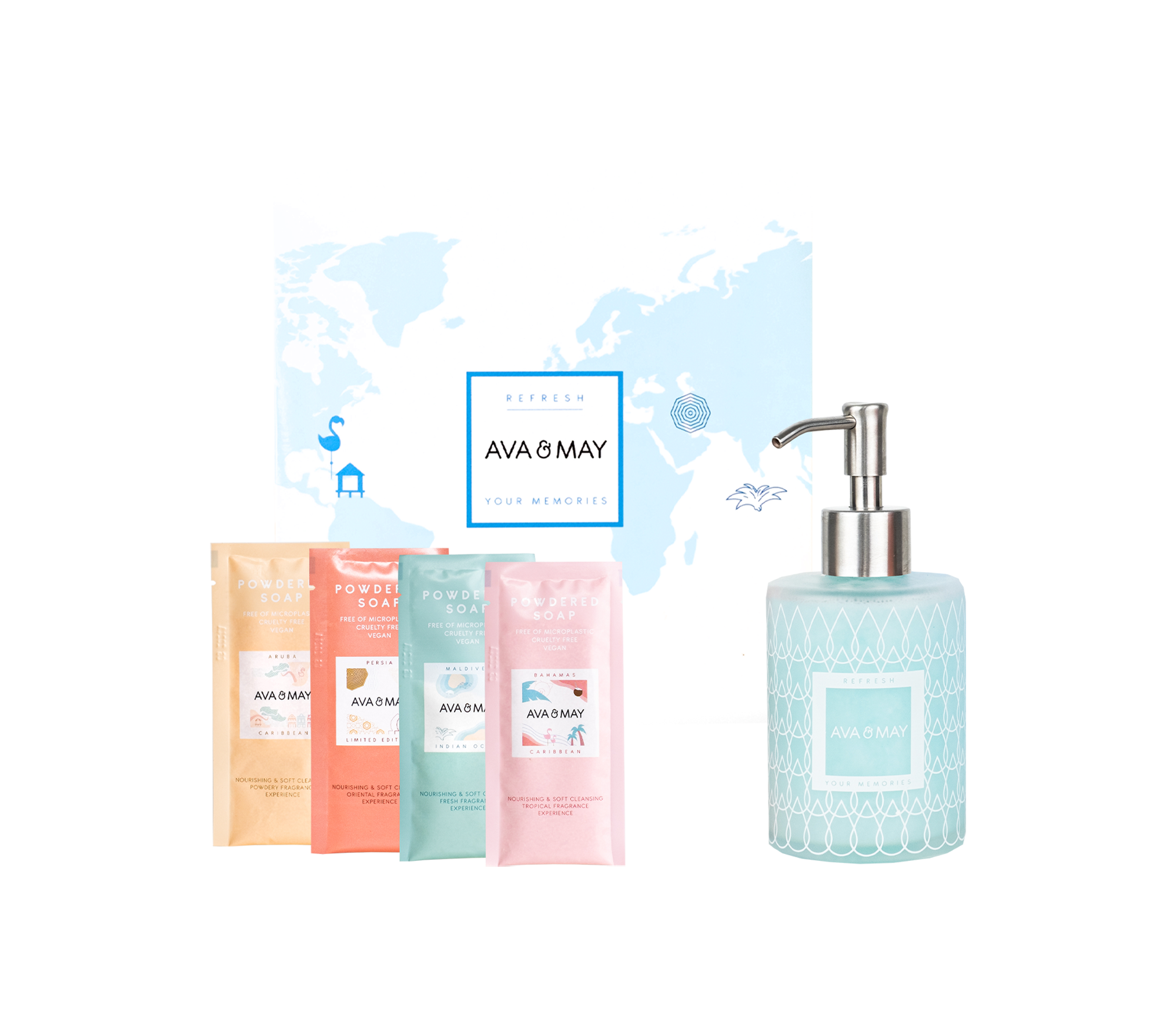 Powdered Soaps Starter Set bestehend aus vier unterschiedlichen Seifen-Düften und einem Seifenspender, von AVA & MAY
