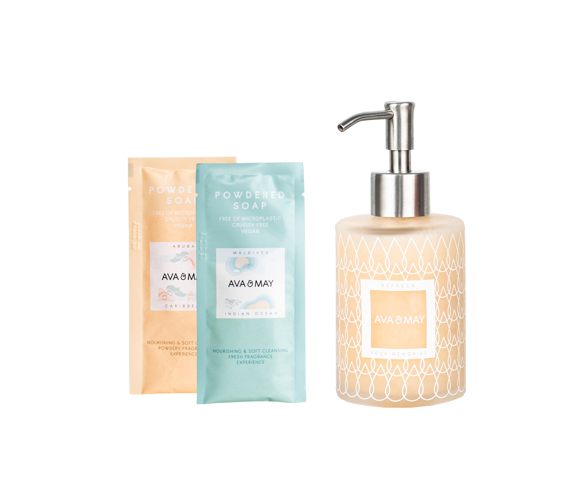 Tropical Powdered Soaps Set bestehend aus 2 unterschiedlichen Seifen-Düften und einem Seifenspender, von AVA & MAY