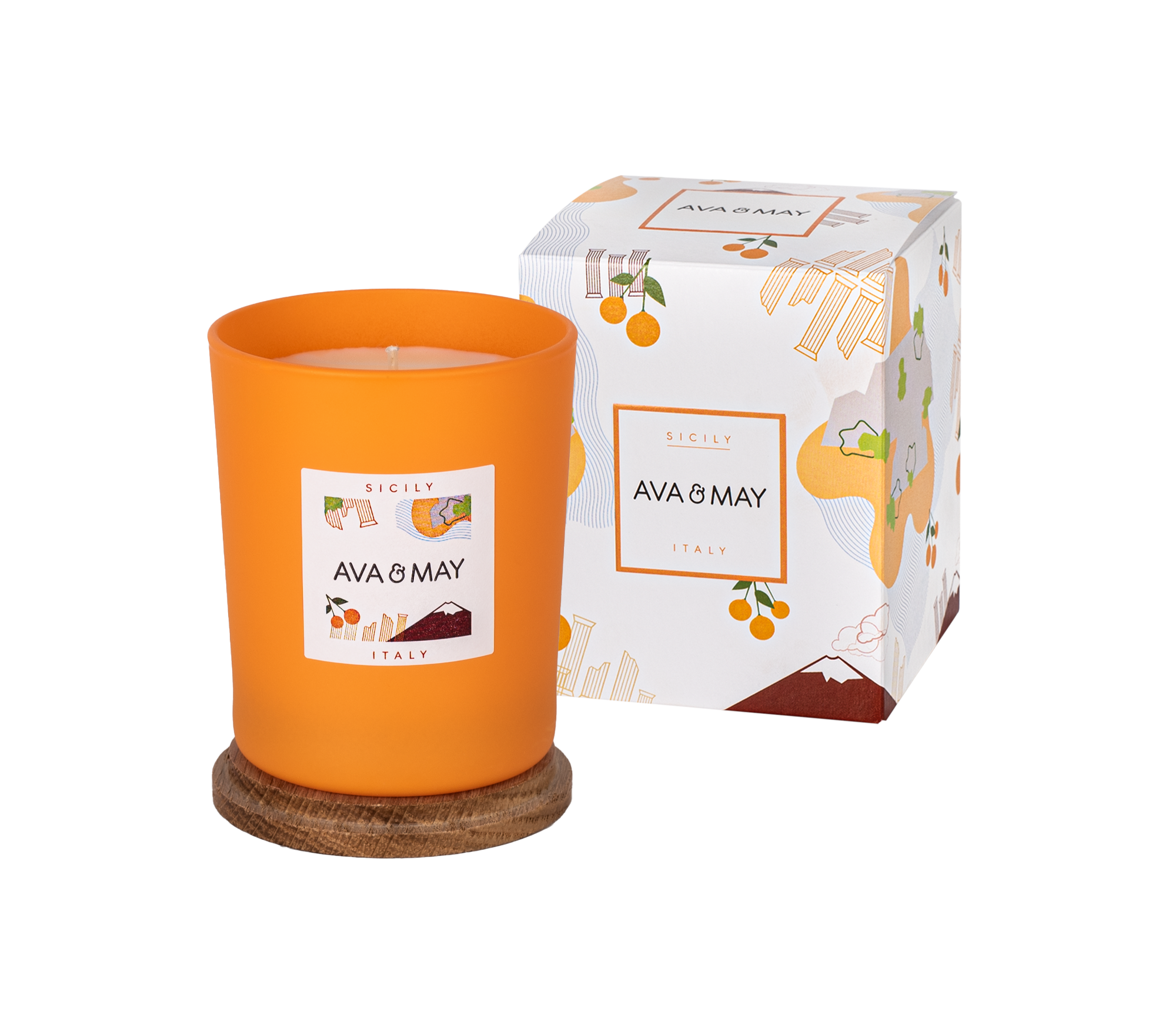 Sizilien Duftkerze mit fruchtig-samtigen Duft in orangenem Glas, von AVA & MAY
