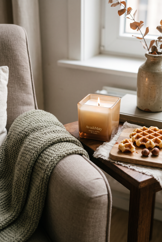 Die brennende Kerze „Ava&May Belgian Waffle“ (220 Gramm) steht auf einem kleinen Holztisch neben einem beigen Sessel mit einer Wolldecke. Neben der Kerze liegen eine belgische Waffel und eine Vase mit Blumen.