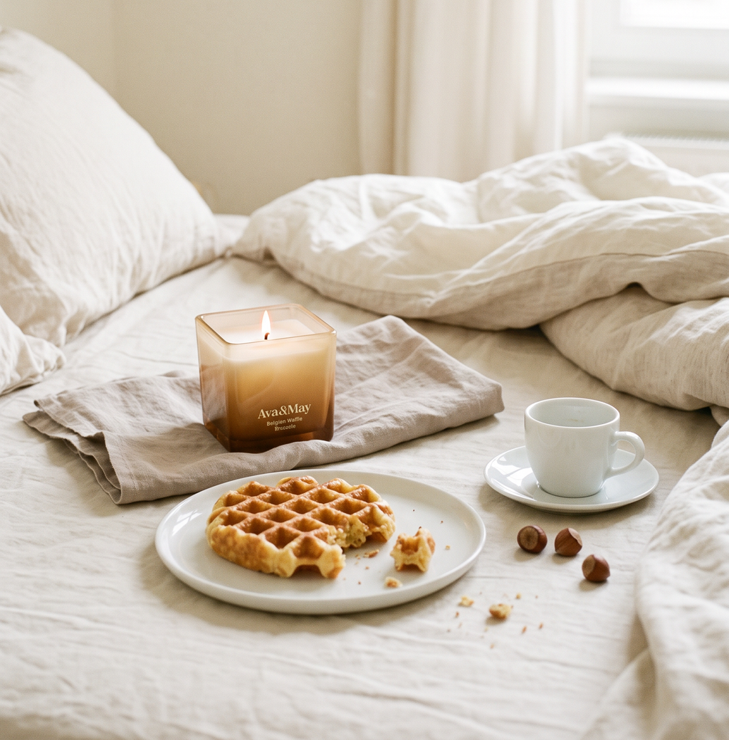 Die brennende Kerze Ava&May Belgian Waffle (220 Gramm), die auf einem ungemachten Bett steht, zusammen mit einer belgischen Waffel, einer Tasse Kaffee und einigen Haselnüssen
