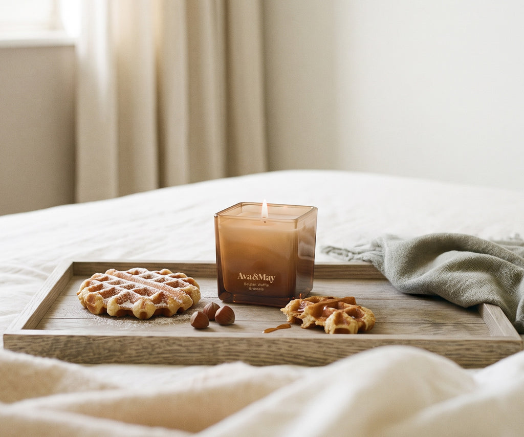 Die brennende Kerze „Ava&May Belgian Waffle“ (220 Gramm) steht auf einem Holztablett, das auf einer Tischdecke liegt, umgeben von Waffelgebäck und Haselnüssen.
