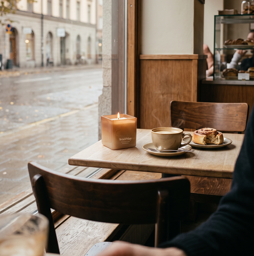Die 220-Gramm-Kerze Cinnamon Roll, die auf dem Tisch eines Cafés neben einer Tasse Cappuccino und einem Zimtgebäck brennt