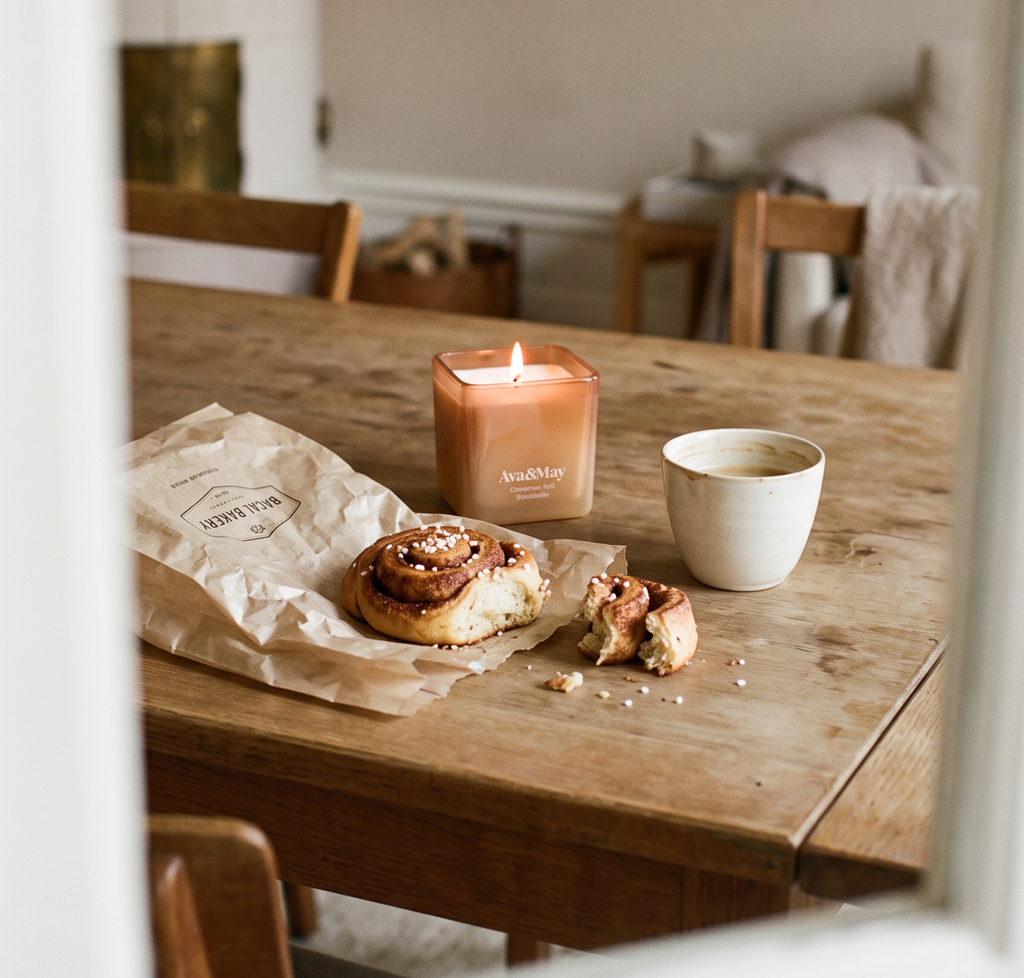 Die 220-Gramm-Kerze Cinnamon Roll von Ava&May brennt auf einem Holztisch in einem Esszimmer, daneben stehen eine Tasse Kaffee und ein Zimtgebäck aus einer Bäckerei
