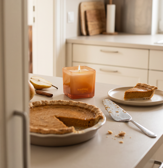 Kerze Pumpkin Pie 220 Gramm von Ava&May mit Birnen und amerikanischem Kürbiskuchen
