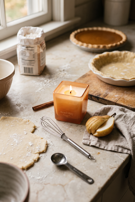 Ava&May-Kerze Pumpkin Pie (220 Gramm) auf der Küchenarbeitsplatte, darauf Mürbeteig für einen Kürbiskuchen in Zubereitung, Küchenutensilien und Birnen