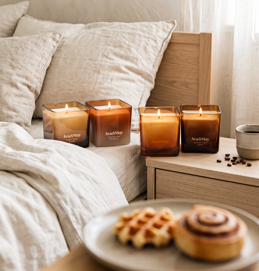 Die Kerzen Belgian waffle 220 gramm and Cinnamon Roll 220 gramm brennen und stehen auf dem Bett, während die Kerzen Viennese Coffee 220 gramm and Pumpkin Pie 220 gramm auf dem Nachttisch neben einer Tasse Kaffee und einigen Kaffeebohnen stehen. Im Vordergrund steht ein Unterteller mit kleinen Süßigkeiten.