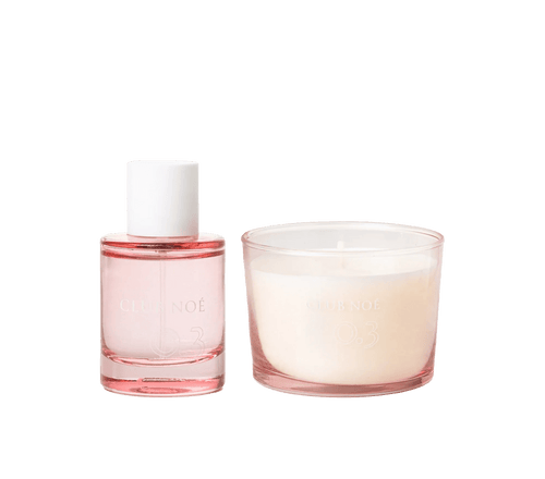 0.3 Soul Set bestehend aus 0.3 Duftkerze und 0.3 Eau de Parfum im rosa Glas, von Club Noe
