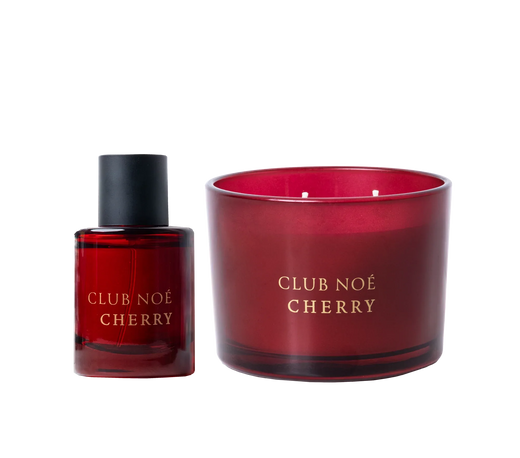 Cherr Soul Set bestehend aus Parfum und Duftkerze mit frischem Kirschduft in dunkerotem Glas, von Club Noe