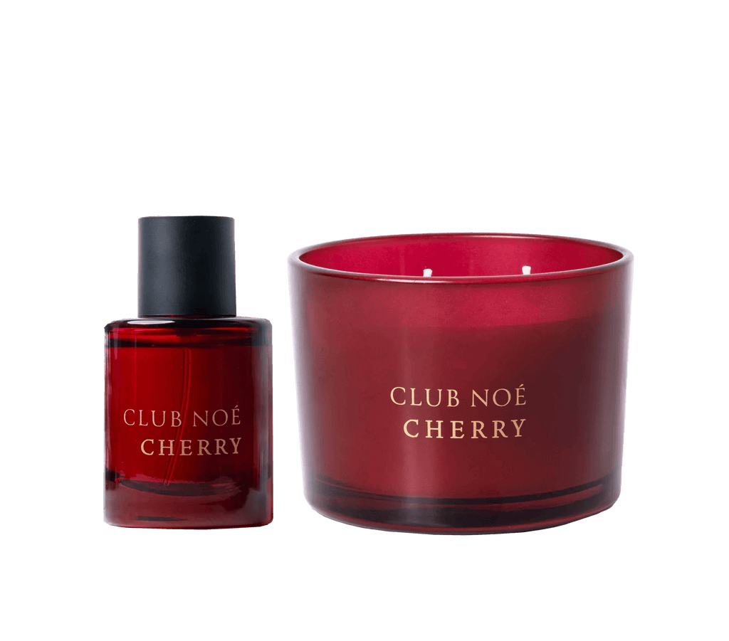 Cherr Soul Set bestehend aus Parfum und Duftkerze mit frischem Kirschduft in dunkerotem Glas, von Club Noe