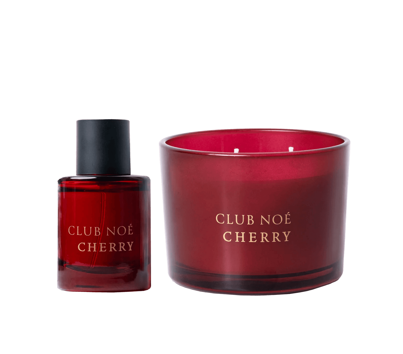 Cherr Soul Set bestehend aus Parfum und Duftkerze mit frischem Kirschduft in dunkerotem Glas, von Club Noe