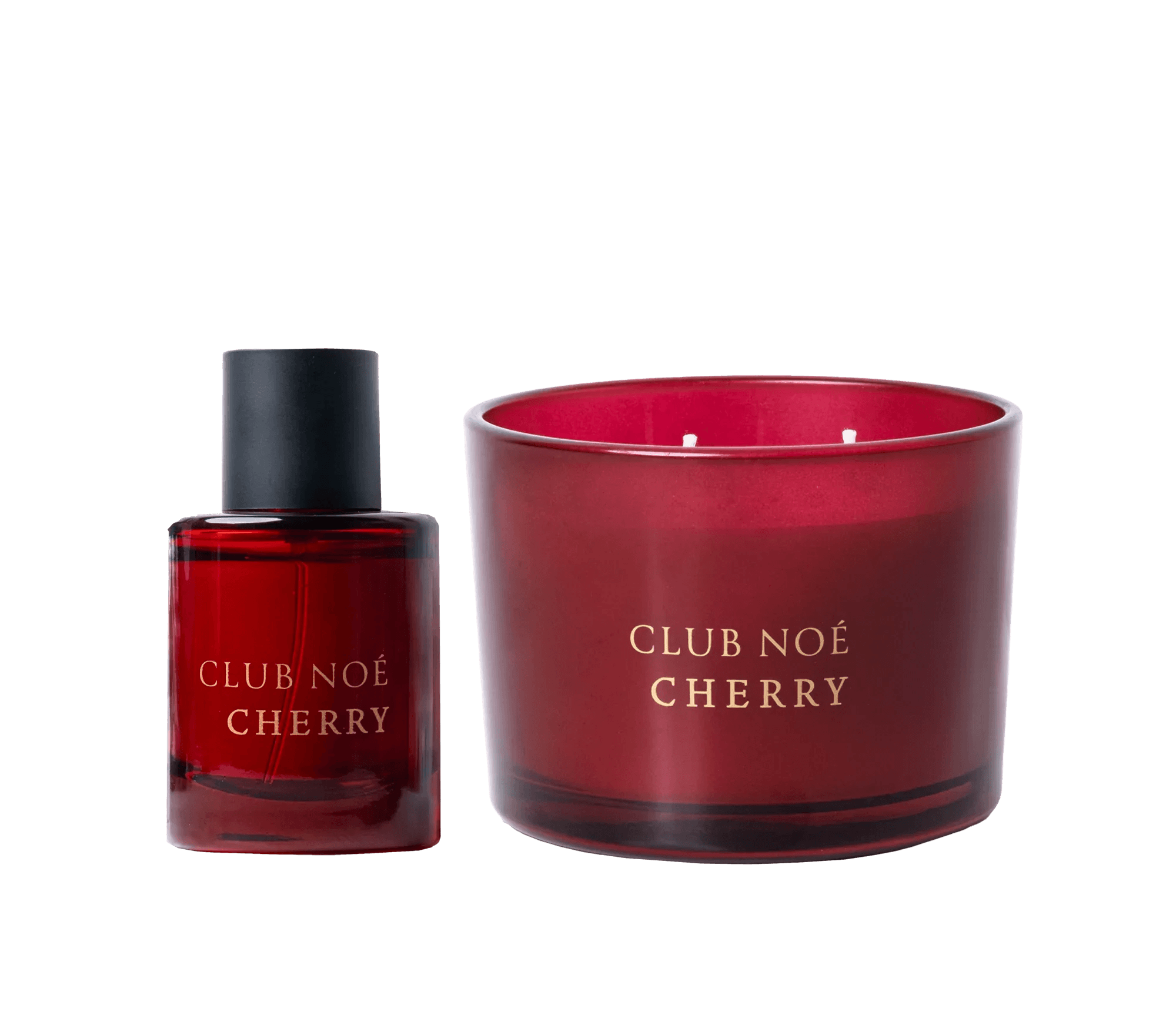 Cherr Soul Set bestehend aus Parfum und Duftkerze mit frischem Kirschduft in dunkerotem Glas, von Club Noe