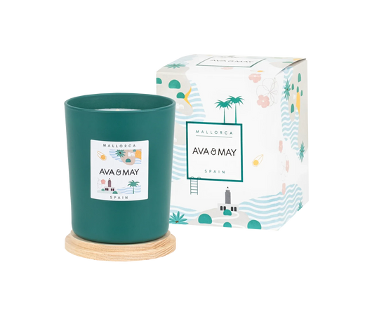 Mallorca Duftkerze mit sommerlicher Duftnote in grünem Glas, von AVA & MAY
