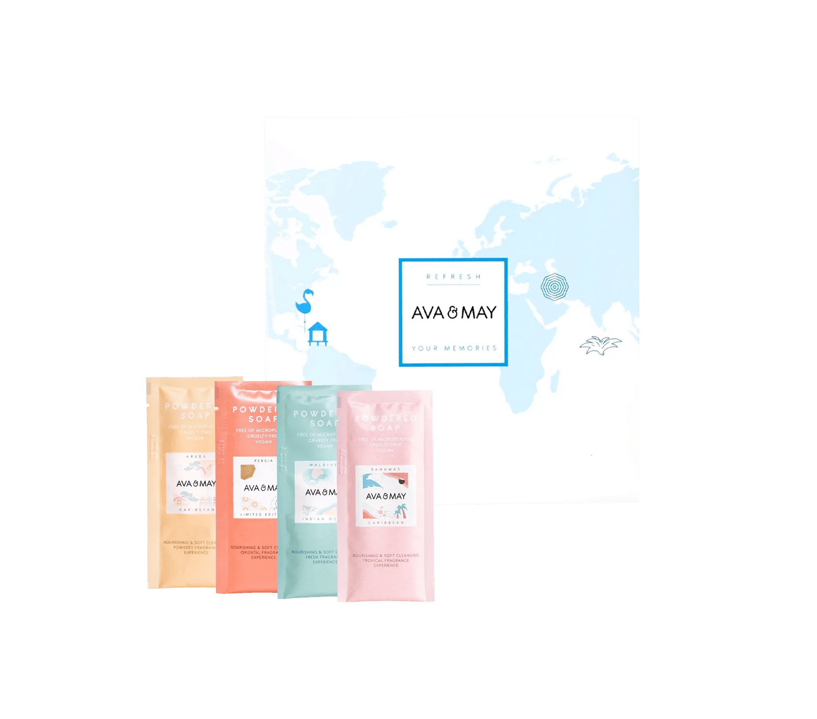 Powdered Soap Discovery Set mit vier unterschiedlichen Seifen-Düften, von AVA & MAY