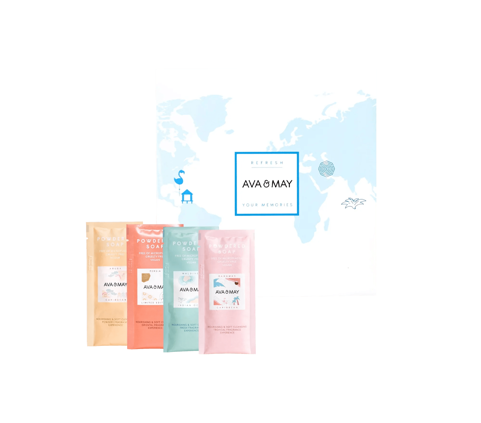 Powdered Soap Discovery Set mit vier unterschiedlichen Seifen-Düften, von AVA & MAY