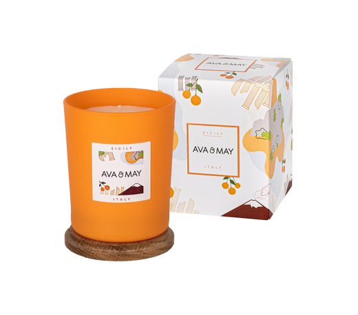Sizilien Duftkerze mit fruchtig-samtigen Duft in orangenem Glas, von AVA & MAY